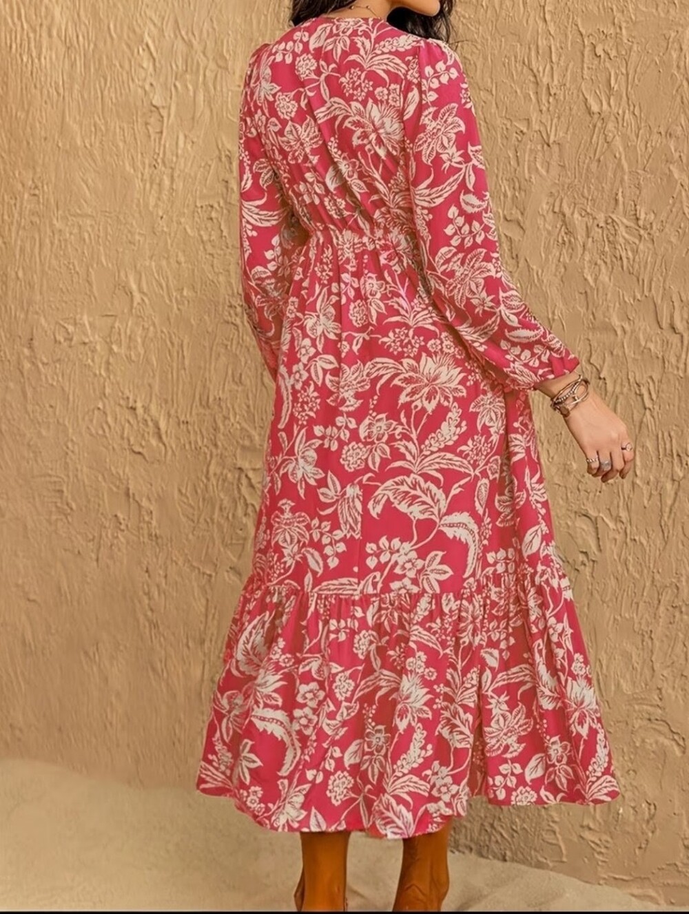 Floral V-Neck Long Sleeve Maxi Dress - Pink - Picture 4 of 11